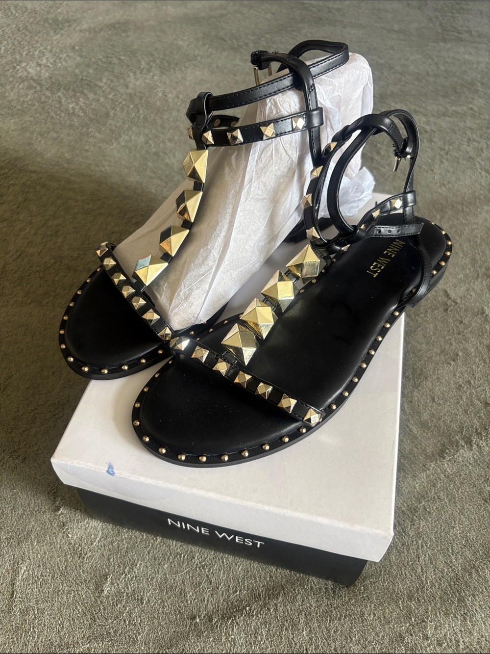 Nine West Black Sandals with Gold Pyramid Studs